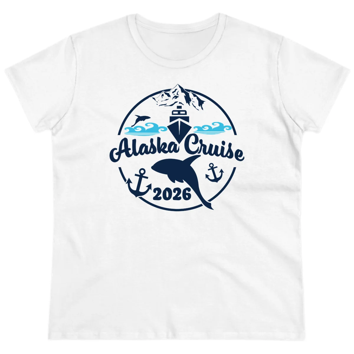 Stylized Blue Swirling Ocean Waves Graphic Ladies Tee in White