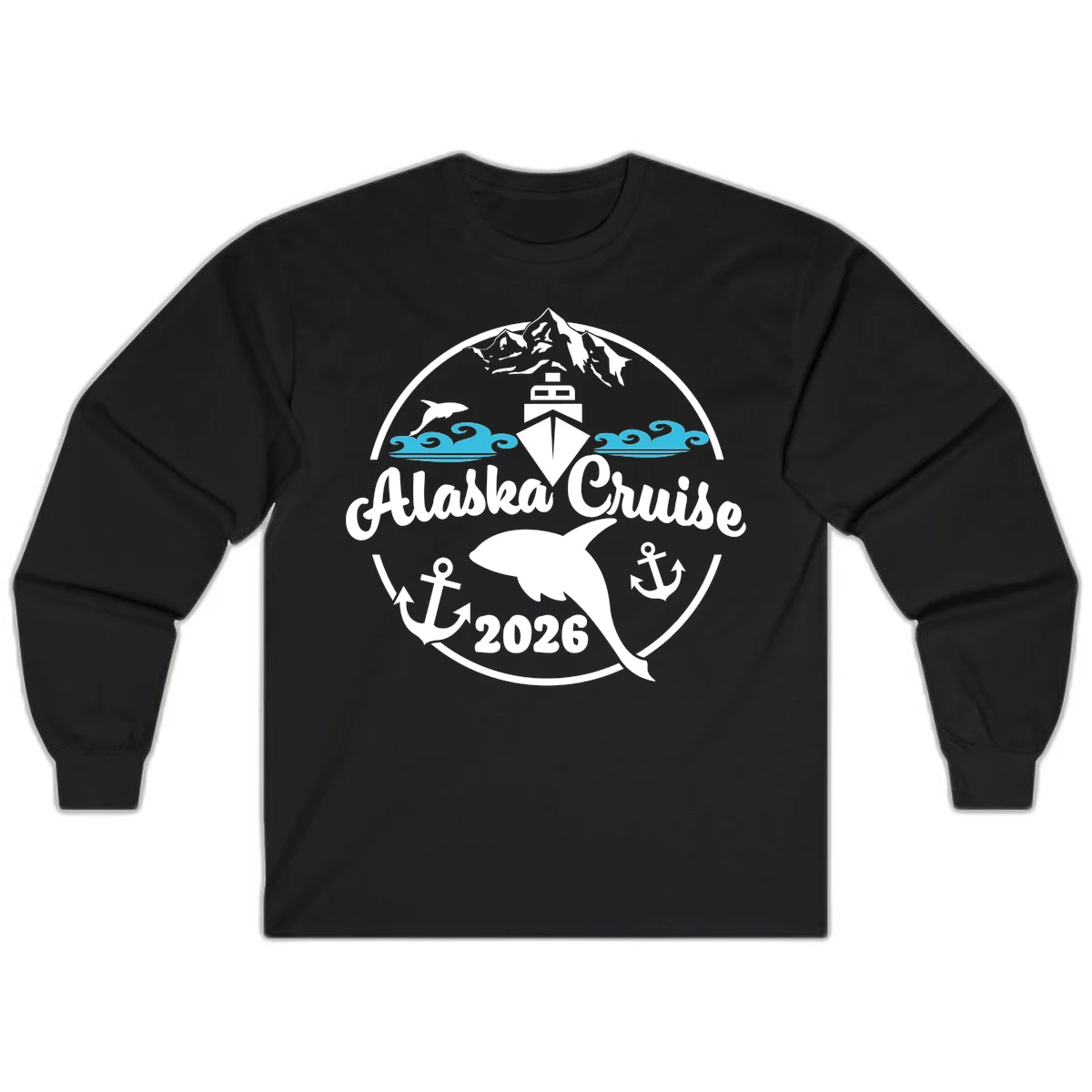 Stylized Blue Swirling Ocean Waves Graphic Long Sleeve in Black