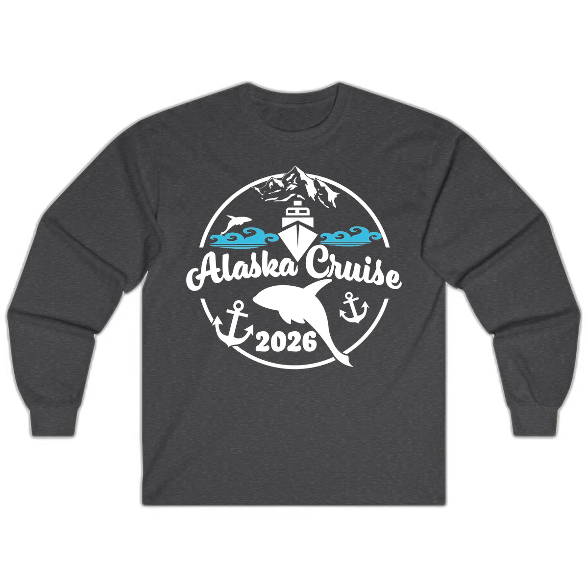 Stylized Blue Swirling Ocean Waves Graphic Long Sleeve in Dark Heather