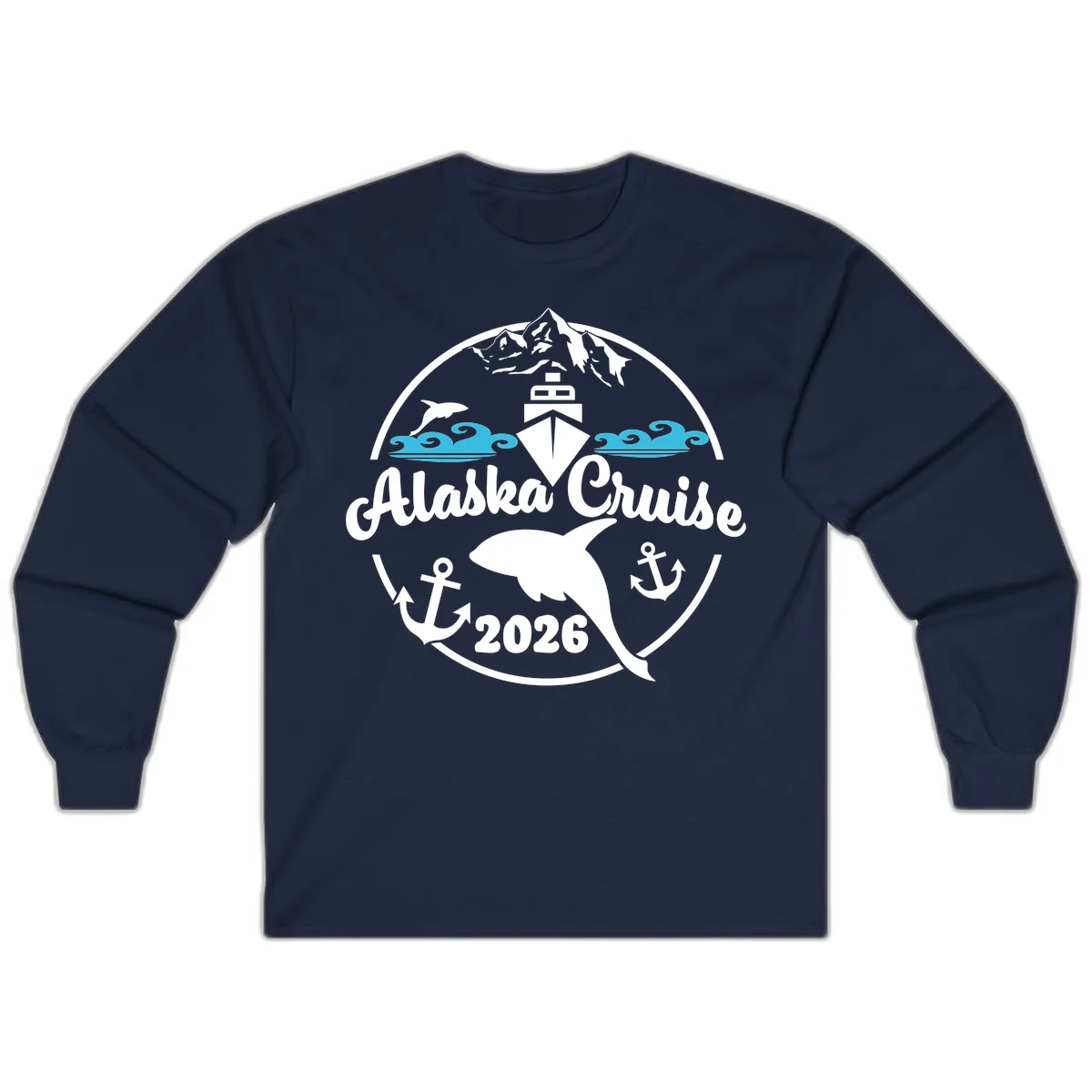 Stylized Blue Swirling Ocean Waves Graphic Long Sleeve in Navy