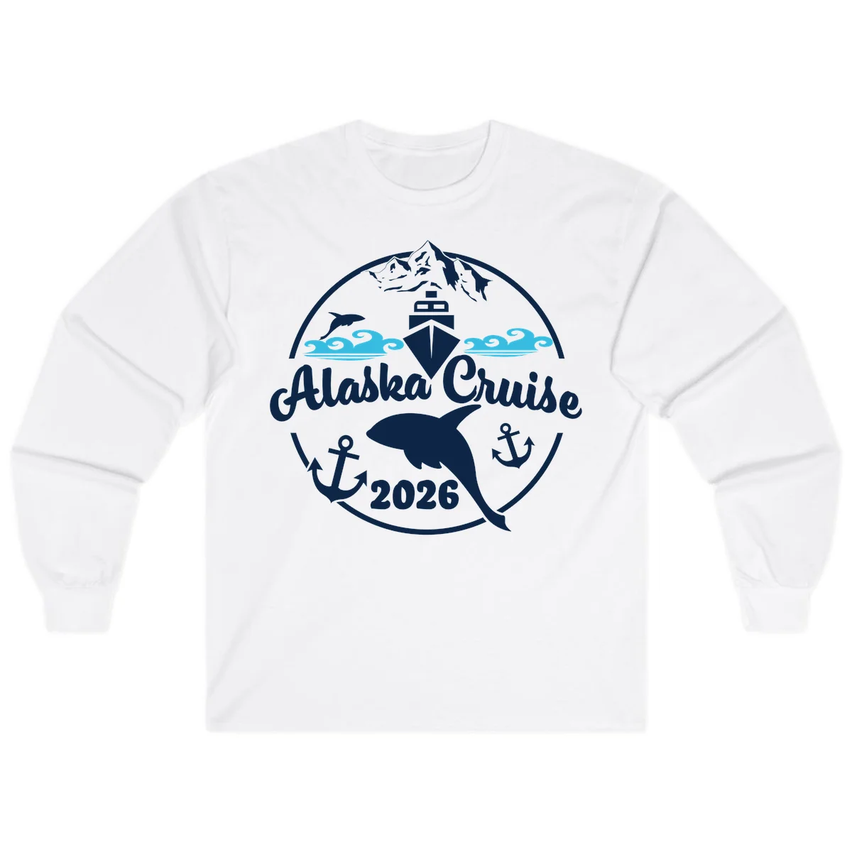 Stylized Blue Swirling Ocean Waves Graphic Long Sleeve in White