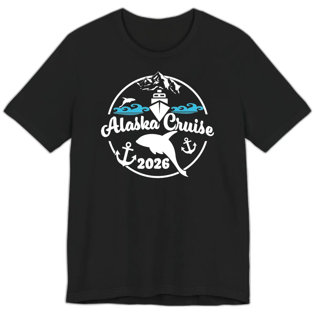 Stylized Blue Swirling Ocean Waves Graphic Premium T-Shirt in Black
