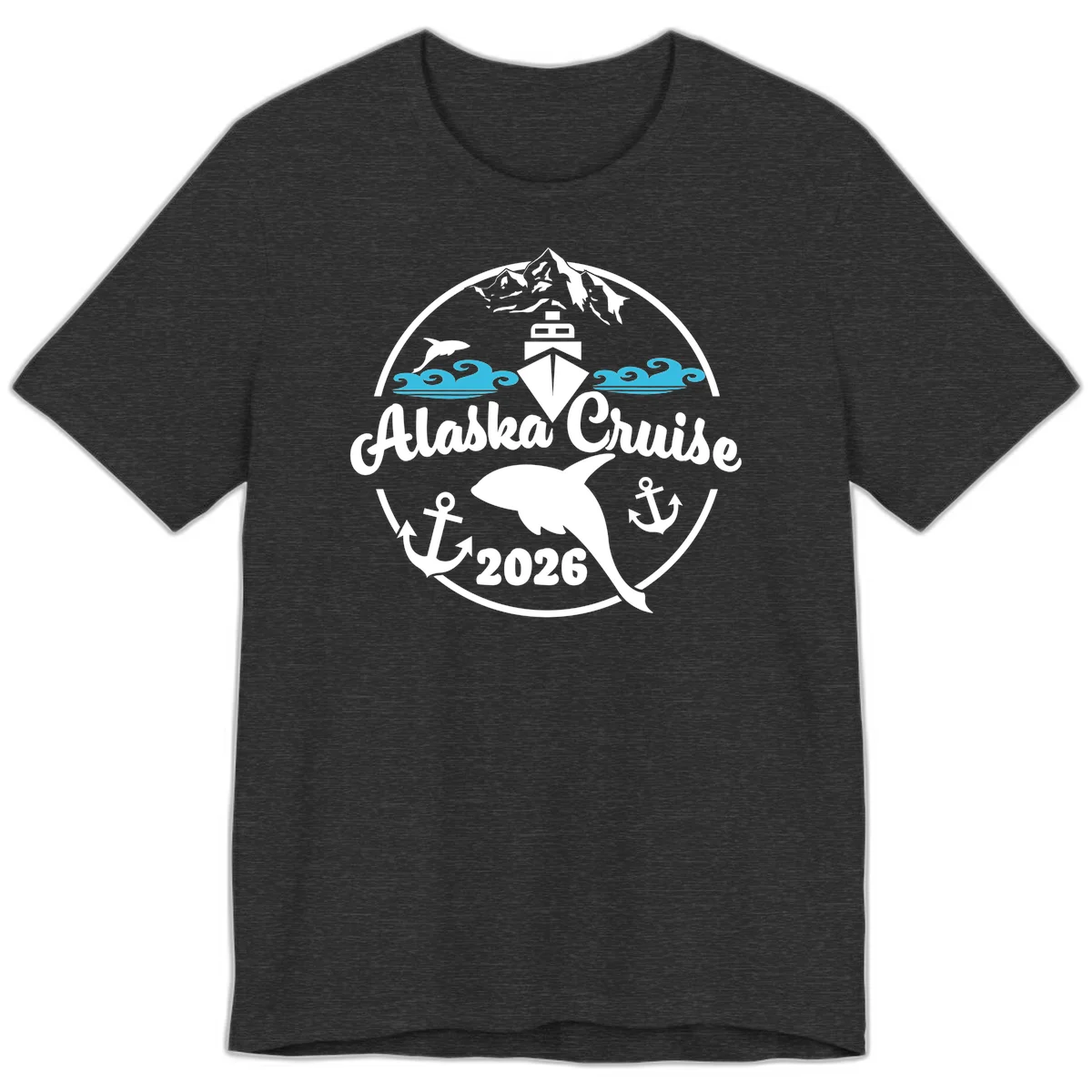 Stylized Blue Swirling Ocean Waves Graphic Premium T-Shirt in Dark Grey Heather