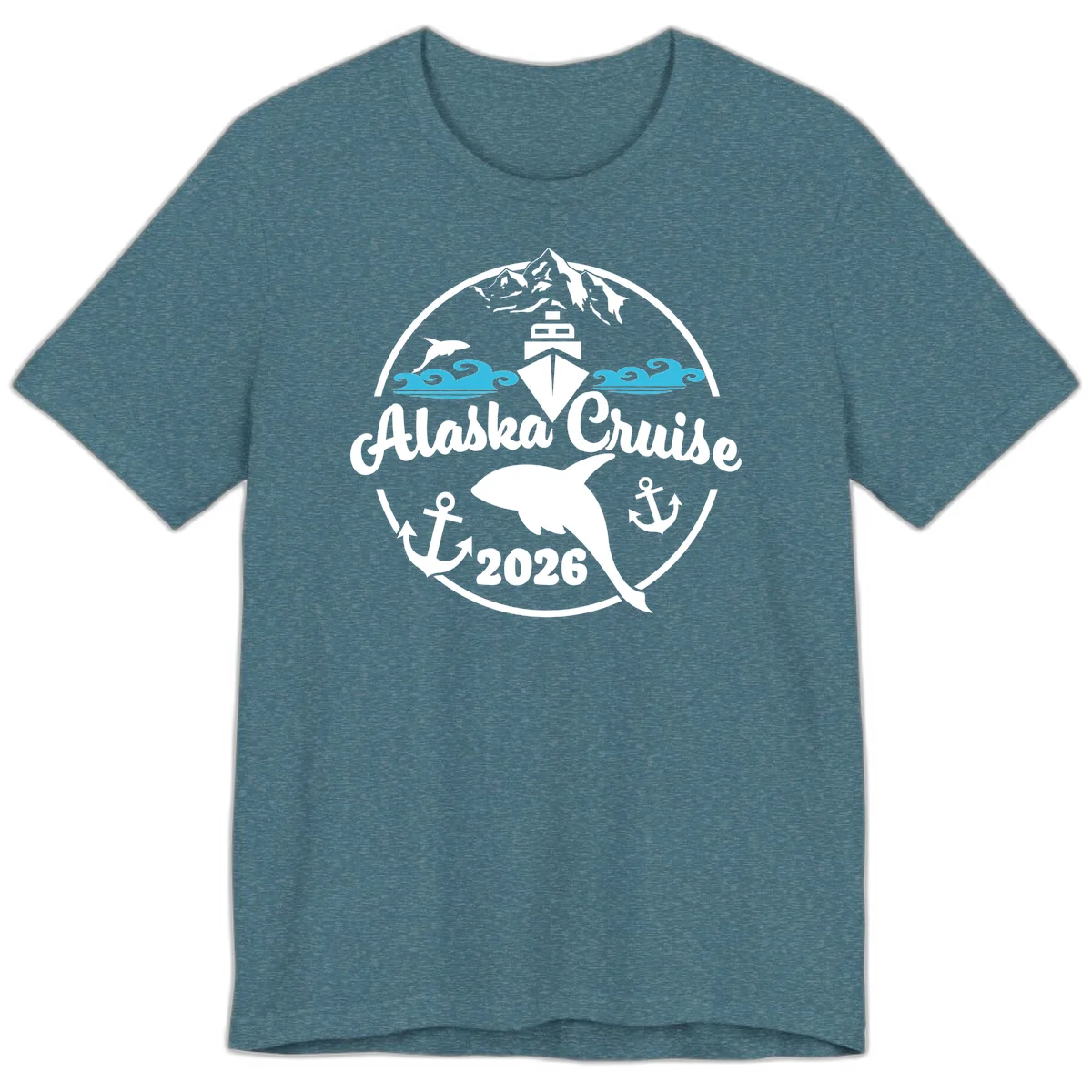 Stylized Blue Swirling Ocean Waves Graphic Premium T-Shirt in Heather Deep Teal