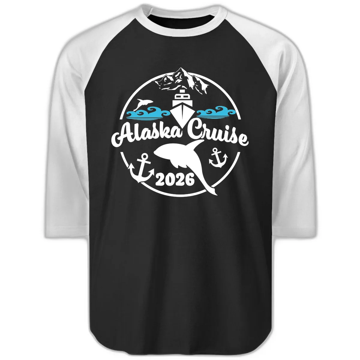 Stylized Blue Swirling Ocean Waves Graphic Raglan 3/4 in Black White