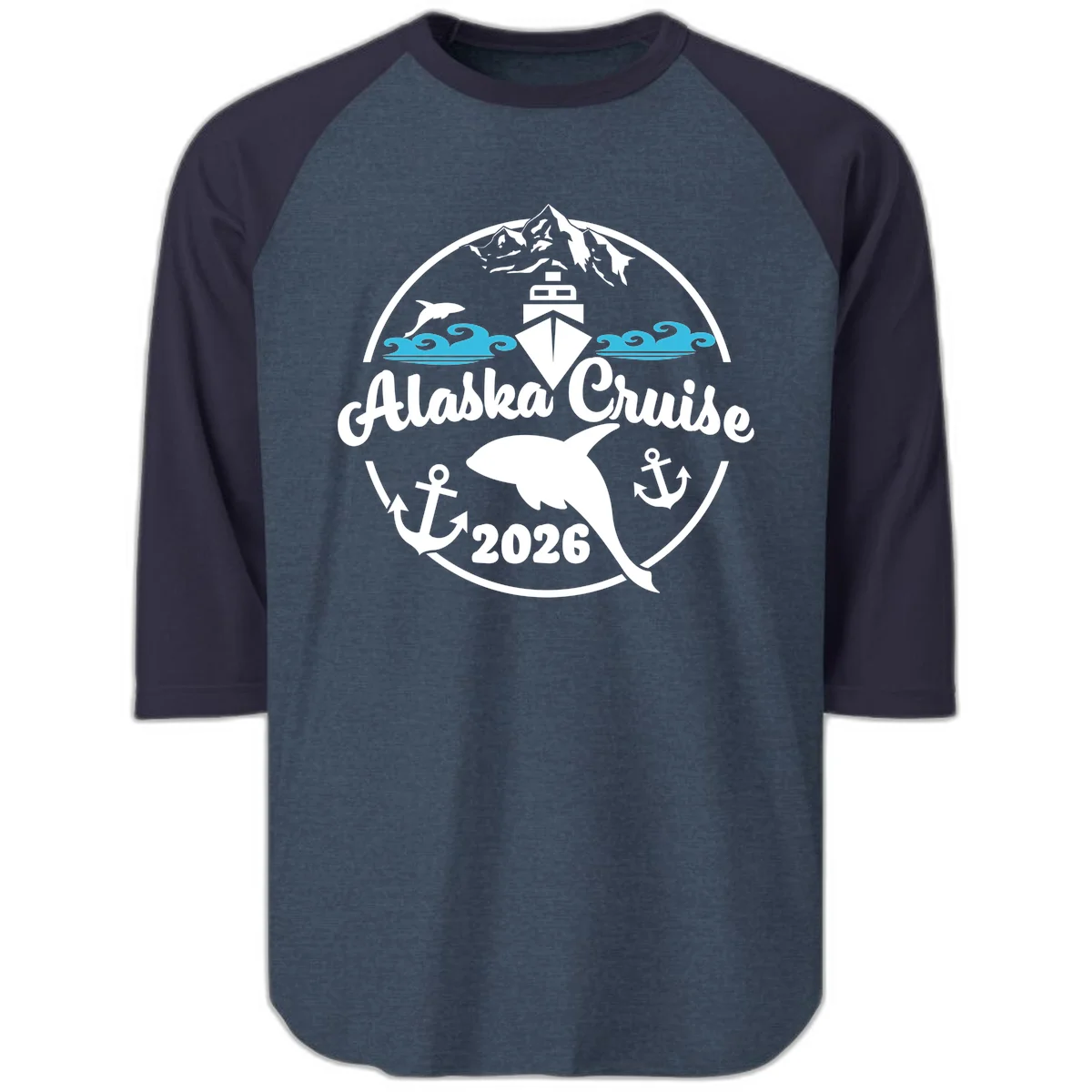 Stylized Blue Swirling Ocean Waves Graphic Raglan 3/4 in Heather Denim Navy