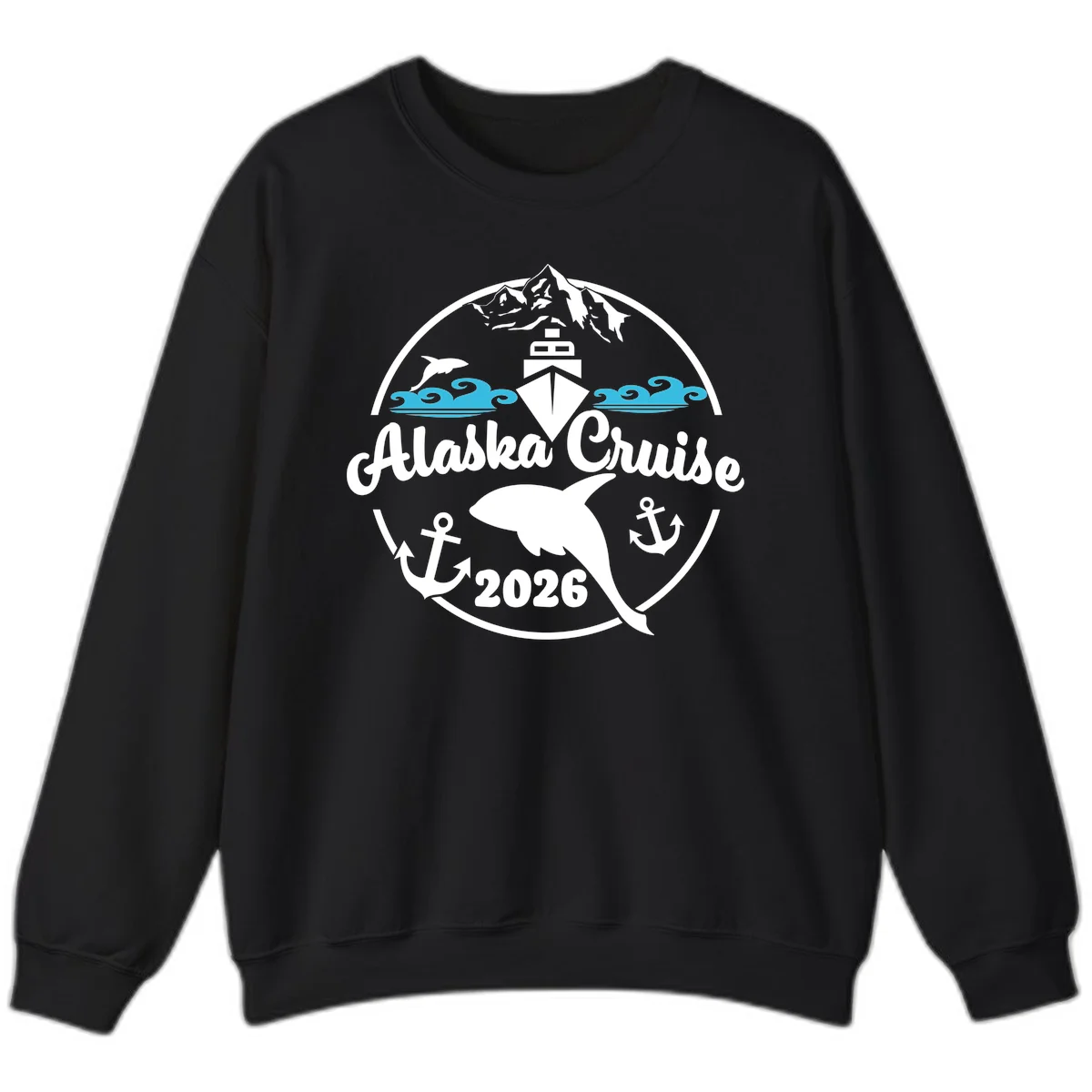 Stylized Blue Swirling Ocean Waves Graphic Sweatshirt in Black
