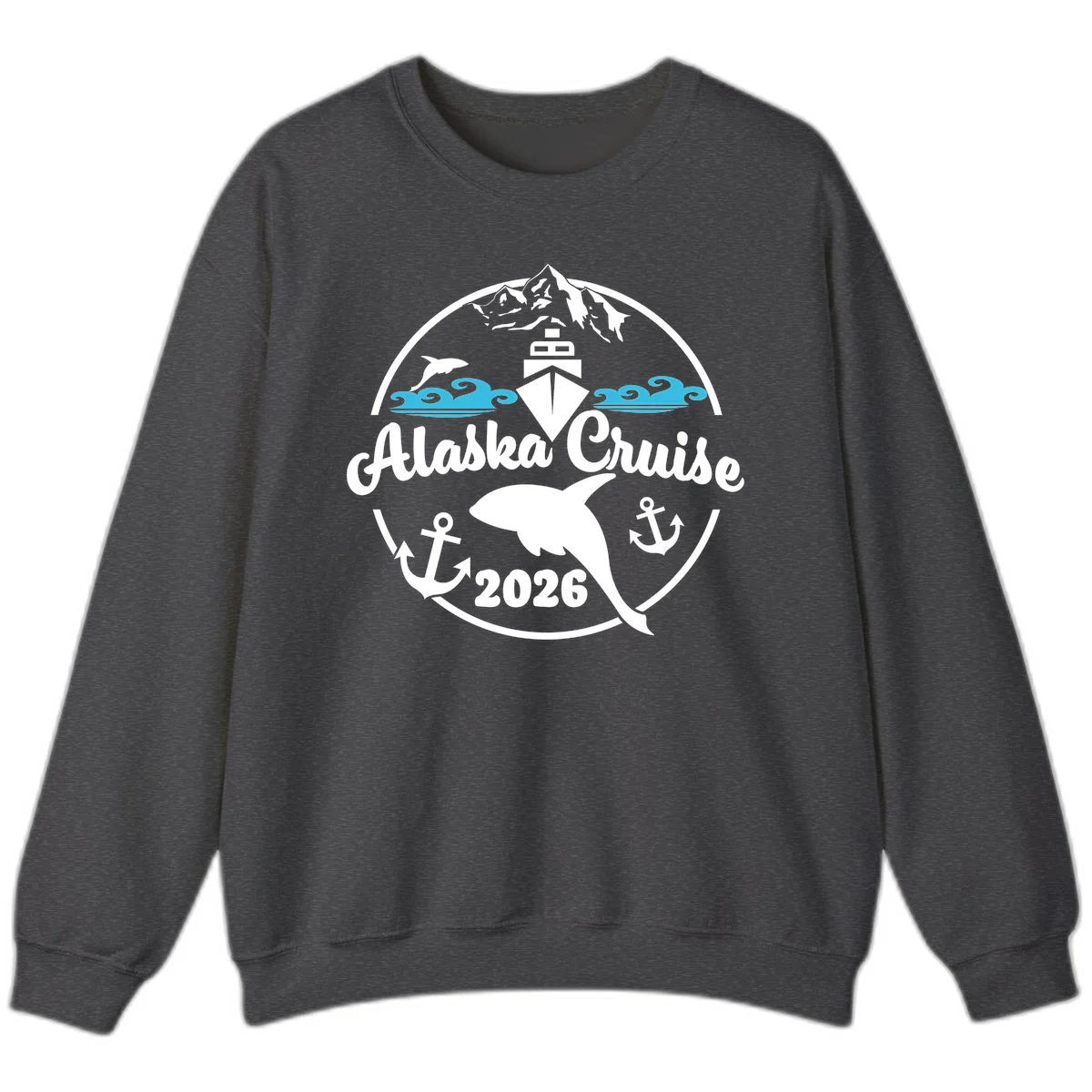 Stylized Blue Swirling Ocean Waves Graphic Sweatshirt in Dark Heather