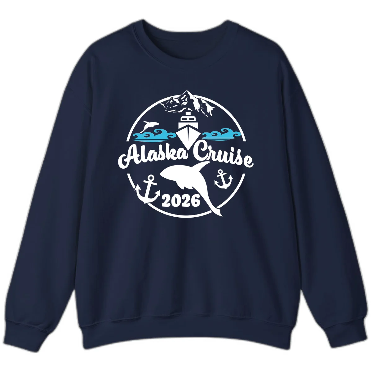 Stylized Blue Swirling Ocean Waves Graphic Sweatshirt in Navy