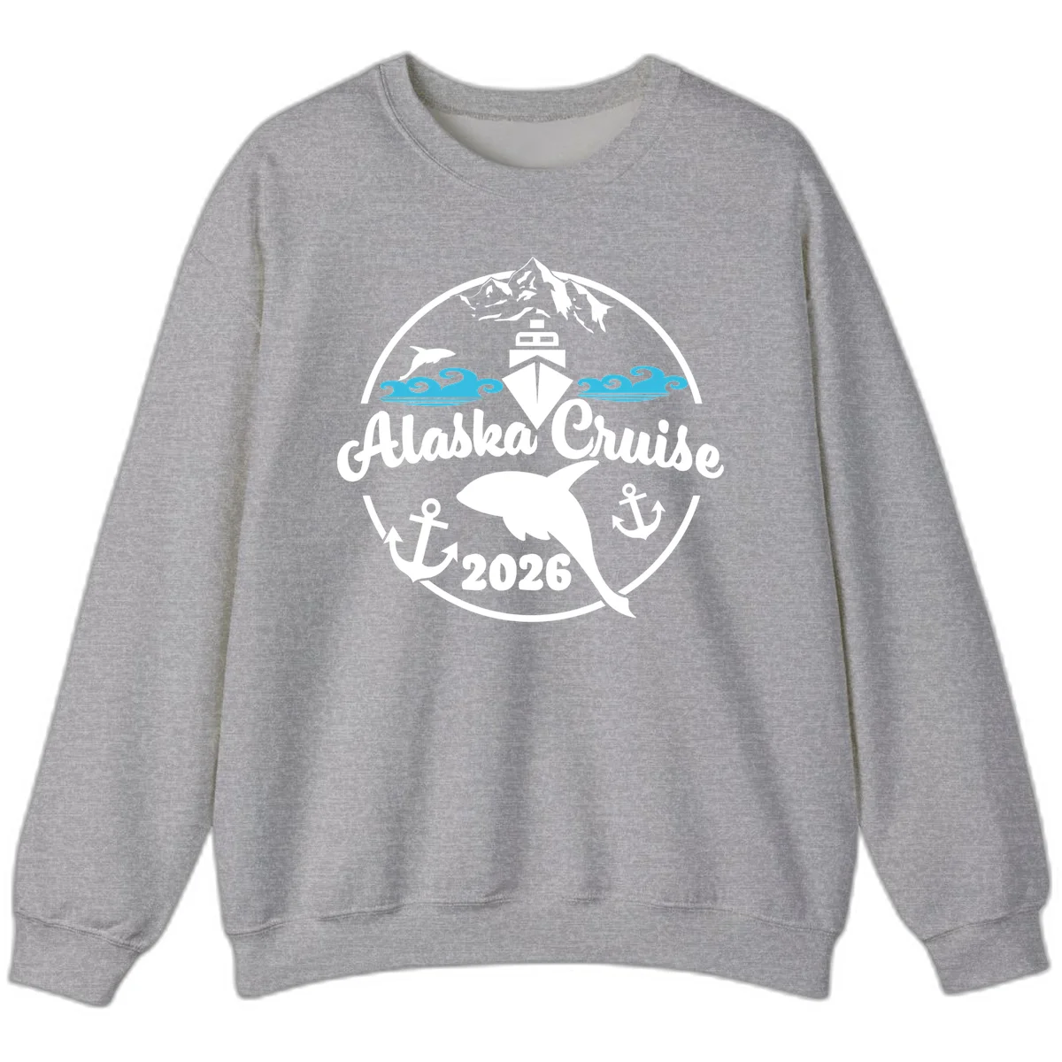 Stylized Blue Swirling Ocean Waves Graphic Sweatshirt in Sport Grey