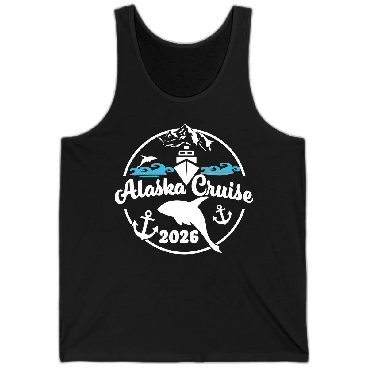 Stylized Blue Swirling Ocean Waves Graphic Tank in Black