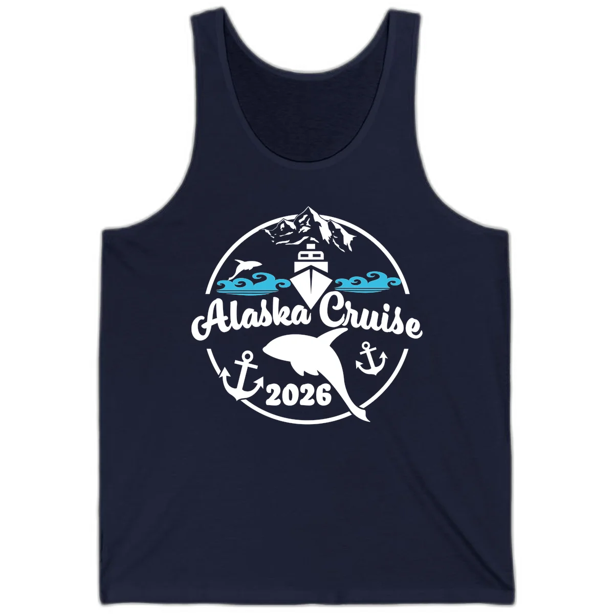 Stylized Blue Swirling Ocean Waves Graphic Tank in Navy