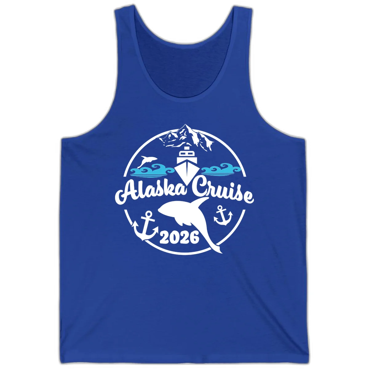 Stylized Blue Swirling Ocean Waves Graphic Tank in True Royal