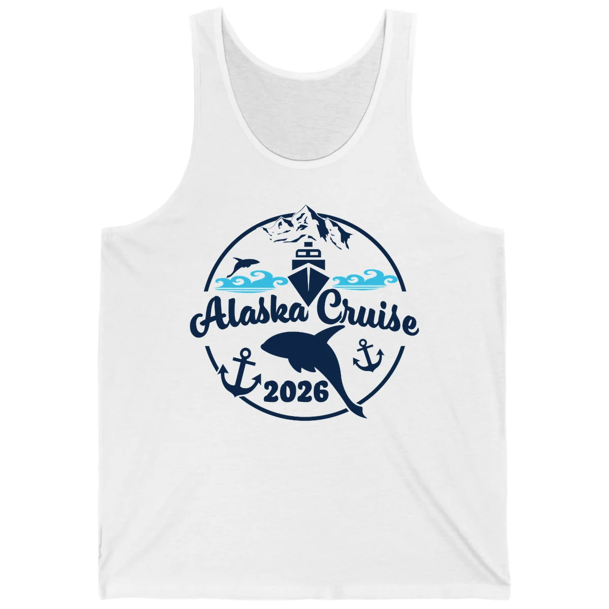 Stylized Blue Swirling Ocean Waves Graphic Tank in White