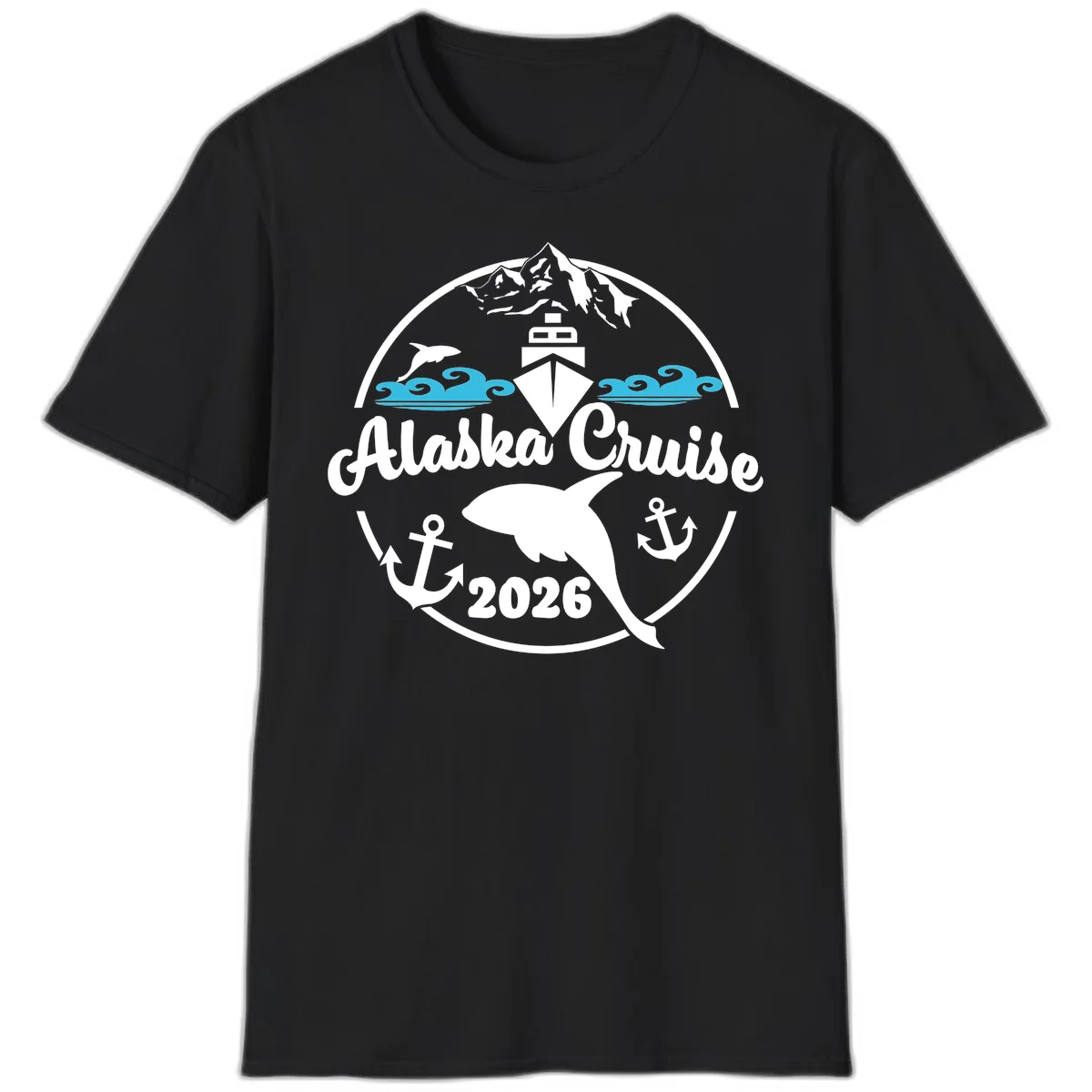 Stylized Blue Swirling Ocean Waves Graphic T-Shirt in Black