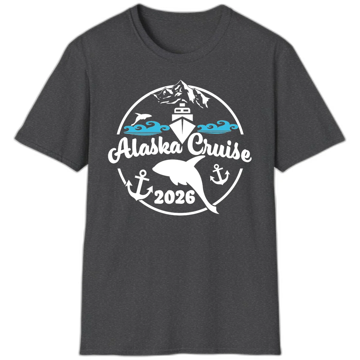 Stylized Blue Swirling Ocean Waves Graphic T-Shirt in Dark Heather