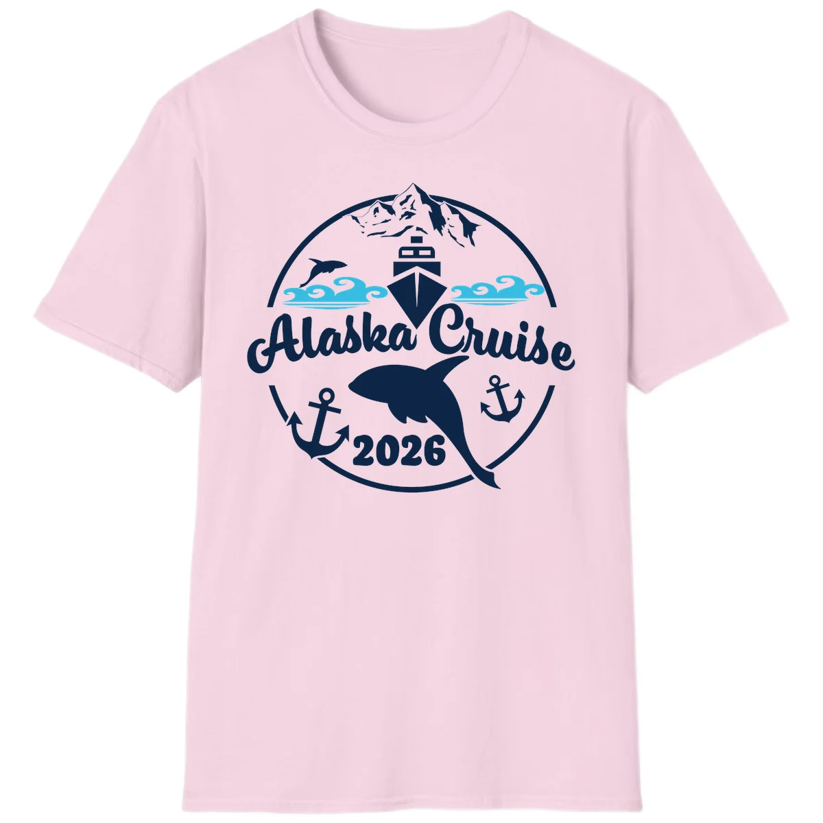 Stylized Blue Swirling Ocean Waves Graphic T-Shirt in Light Pink
