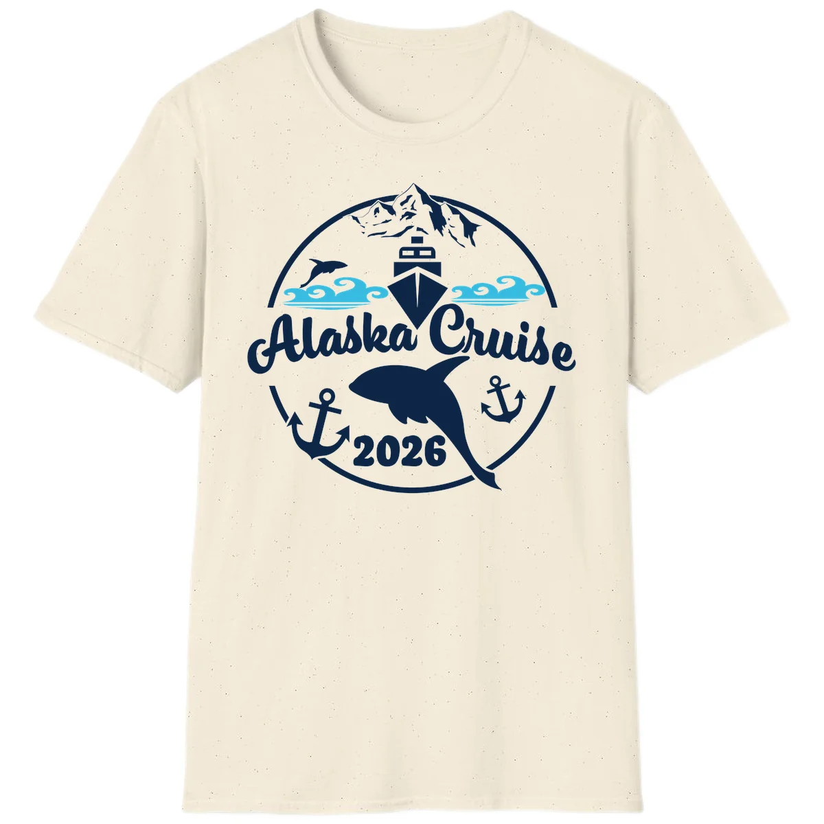 Stylized Blue Swirling Ocean Waves Graphic T-Shirt in Natural