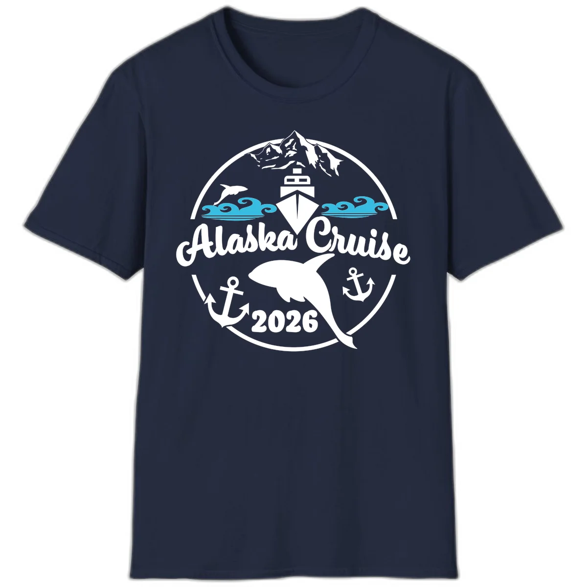 Stylized Blue Swirling Ocean Waves Graphic T-Shirt in Navy