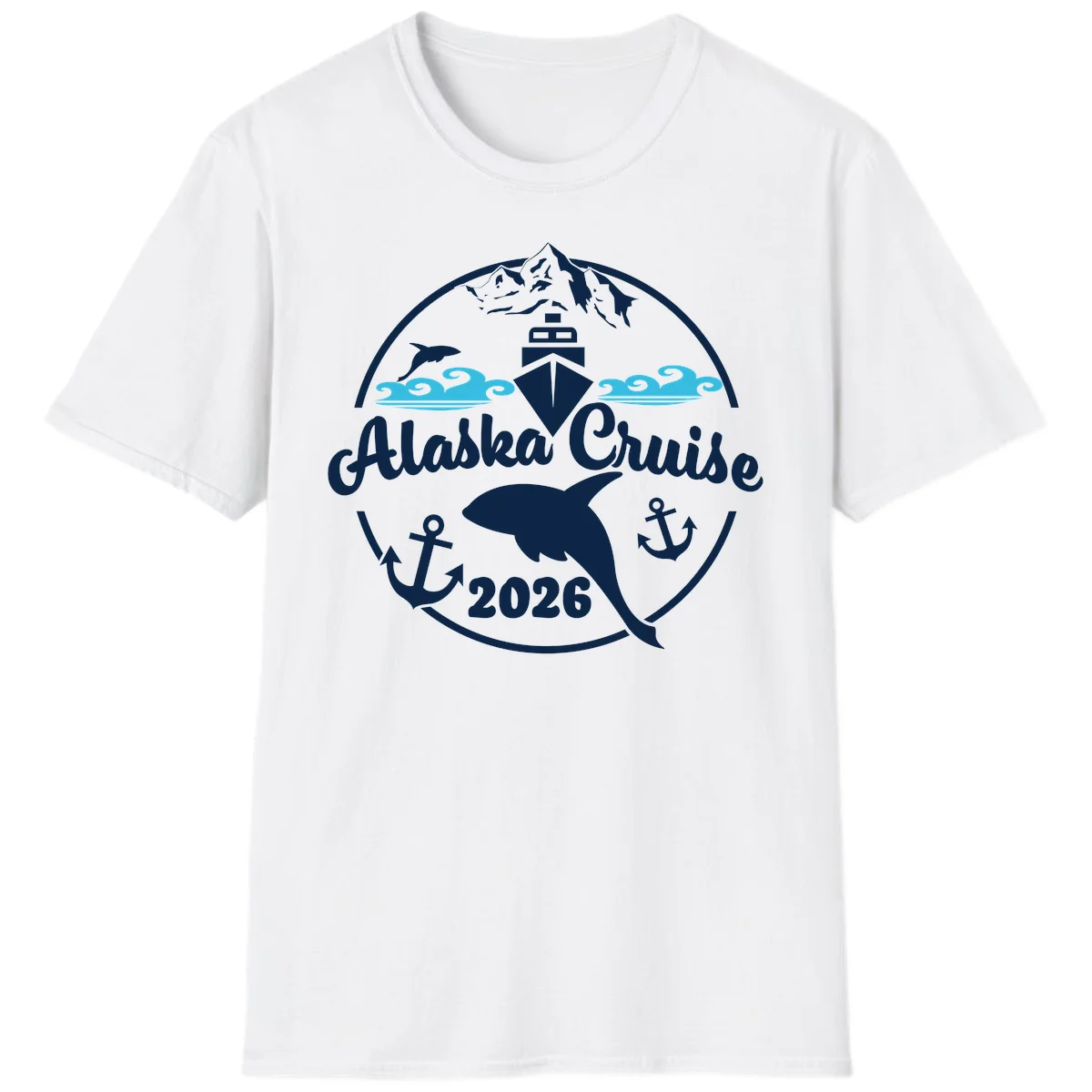 Stylized Blue Swirling Ocean Waves Graphic T-Shirt in White