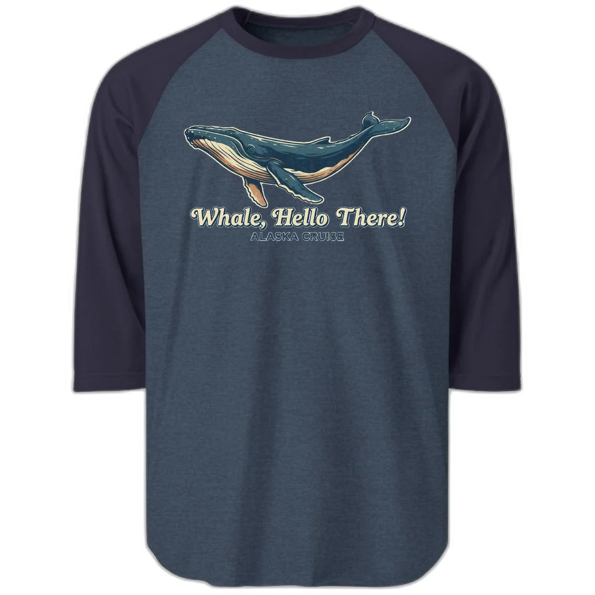 Whale Hello There Raglan 3/4 in Heather Denim Navy