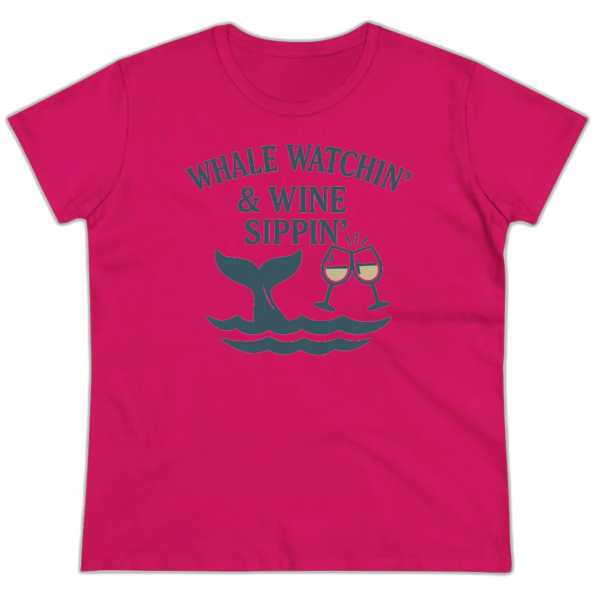 Whale Watchin' & Wine Sippin' Ladies Tee in Heliconia