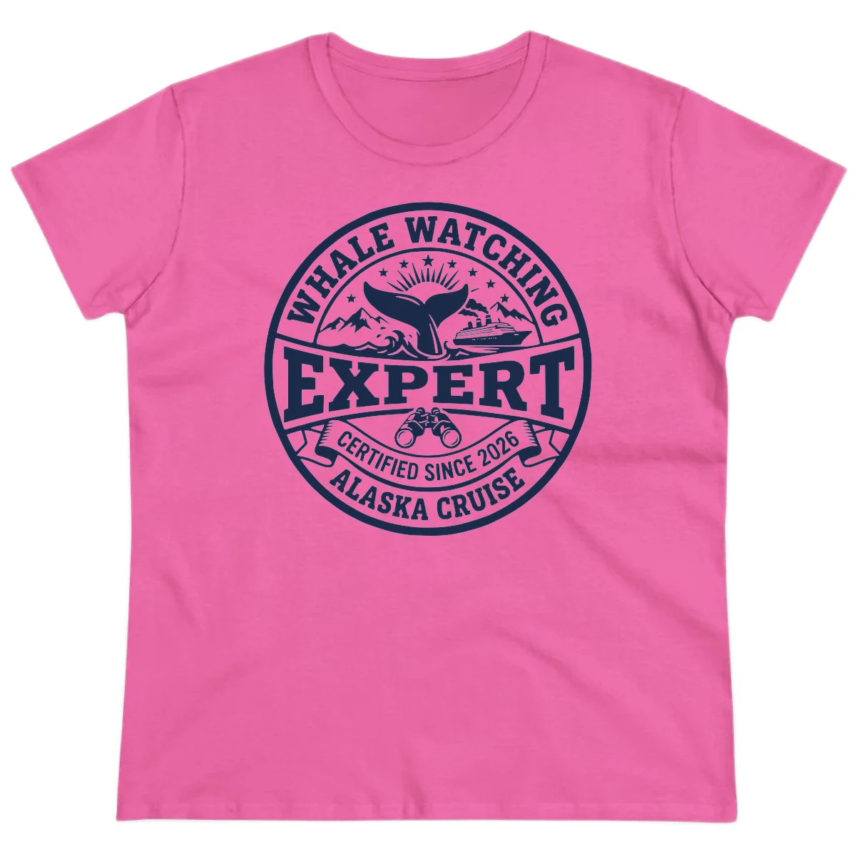 Whale Watching Expert Alaska Cruise Badge Ladies Tee in Azalea
