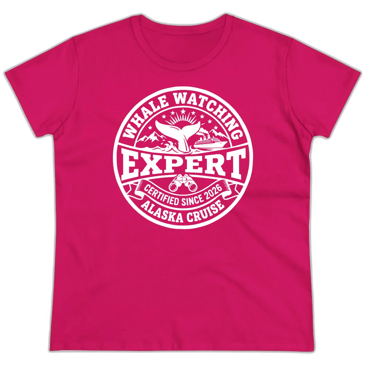 Whale Watching Expert Alaska Cruise Badge Ladies Tee in Heliconia