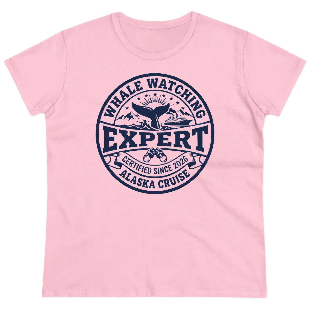 Whale Watching Expert Alaska Cruise Badge Ladies Tee in Light Pink
