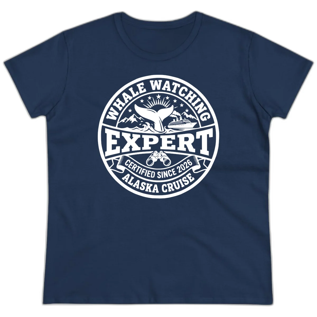 Whale Watching Expert Alaska Cruise Badge Ladies Tee in Navy