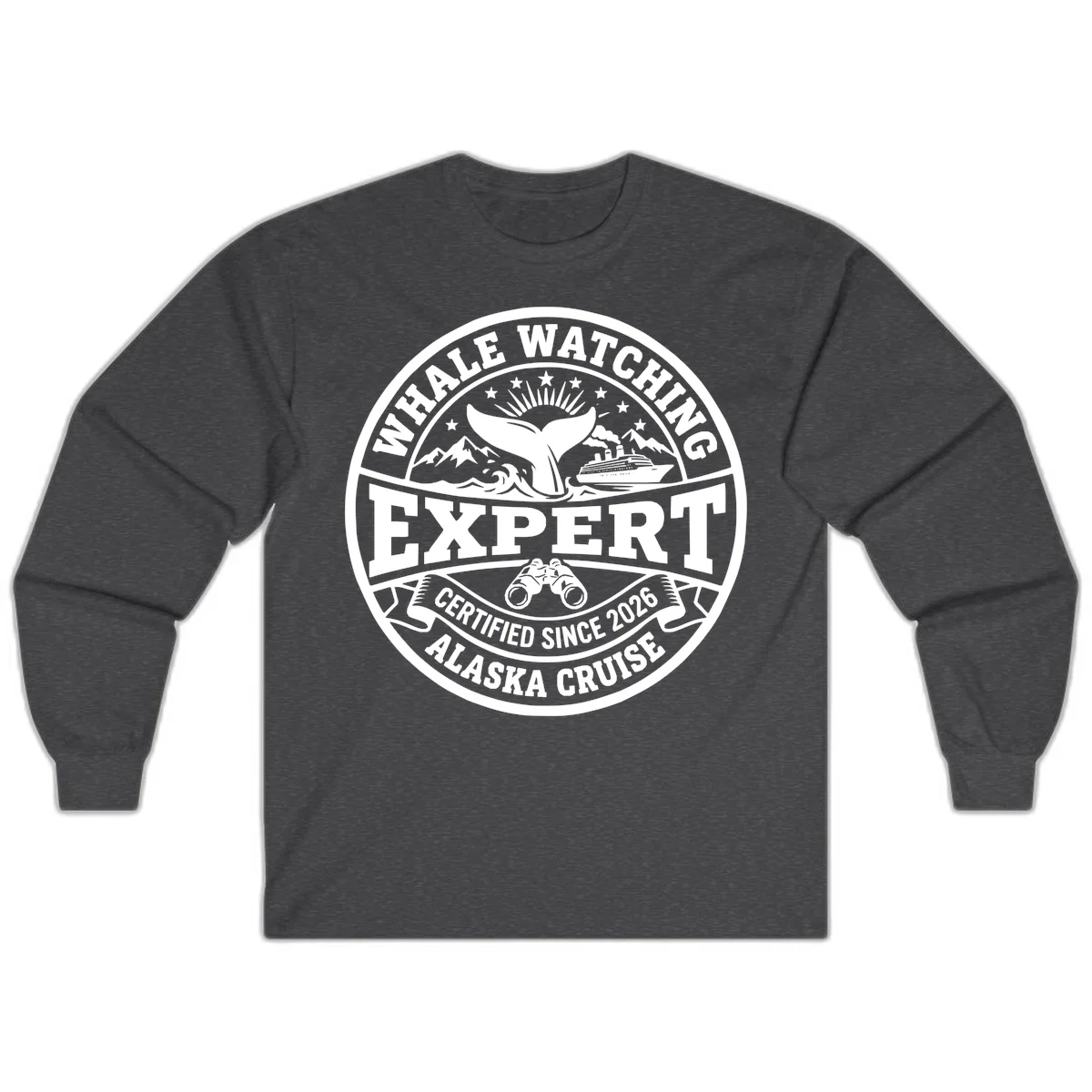 Whale Watching Expert Alaska Cruise Badge Long Sleeve in Dark Heather