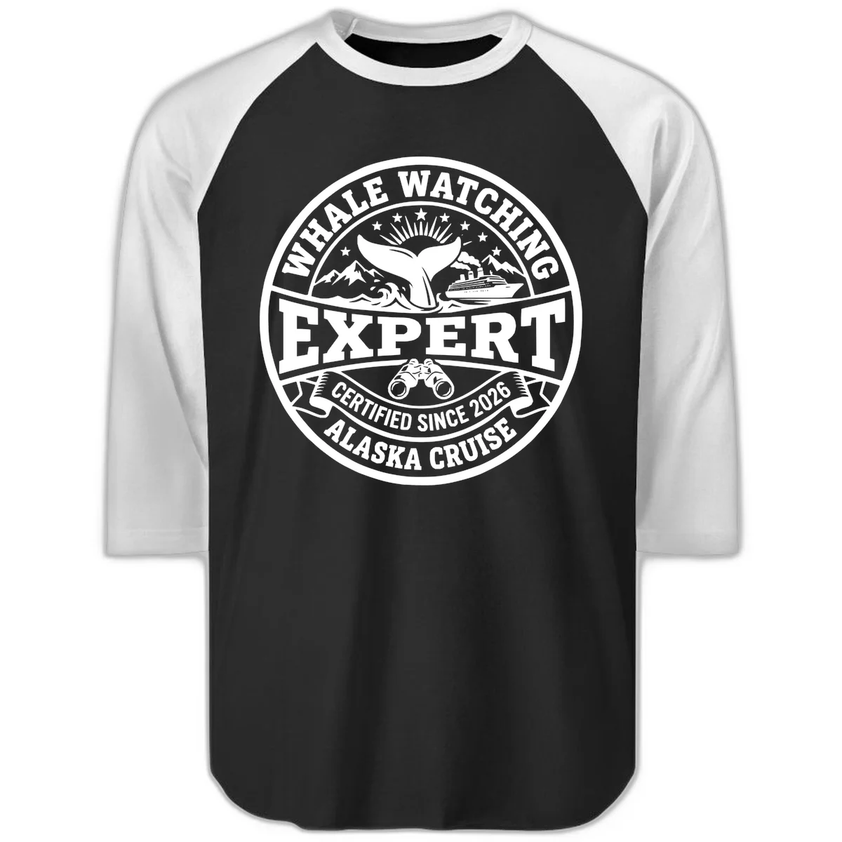 Whale Watching Expert Alaska Cruise Badge Raglan 3/4 in Black White
