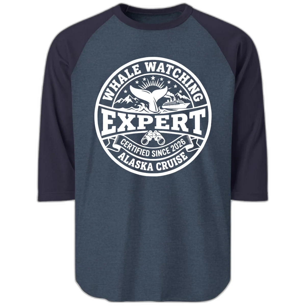 Whale Watching Expert Alaska Cruise Badge Raglan 3/4 in Heather Denim Navy