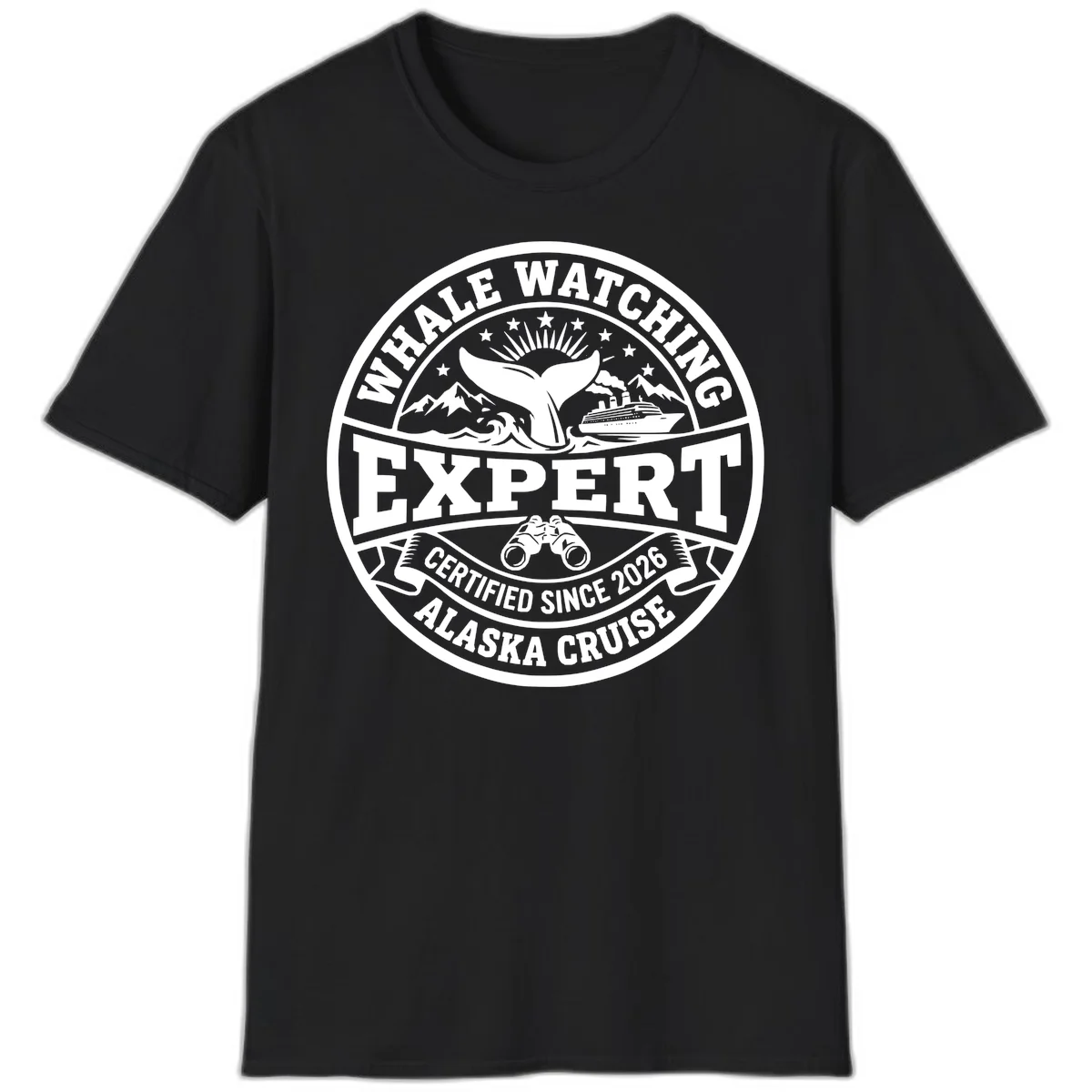 Whale Watching Expert Alaska Cruise Badge T-Shirt in Black