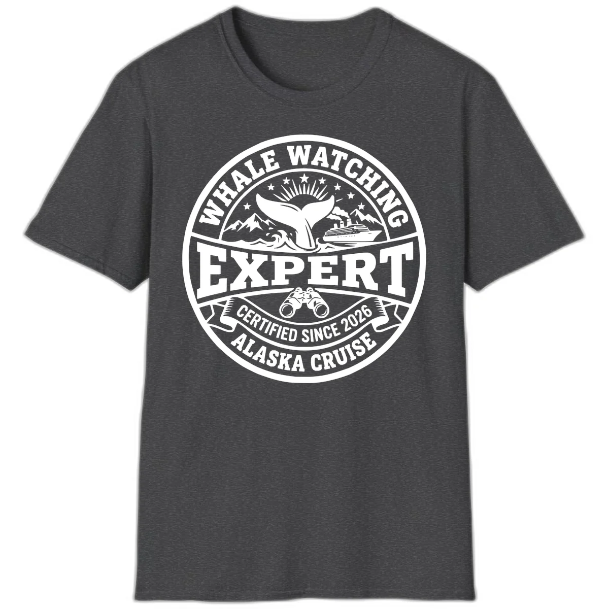 Whale Watching Expert Alaska Cruise Badge T-Shirt in Dark Heather