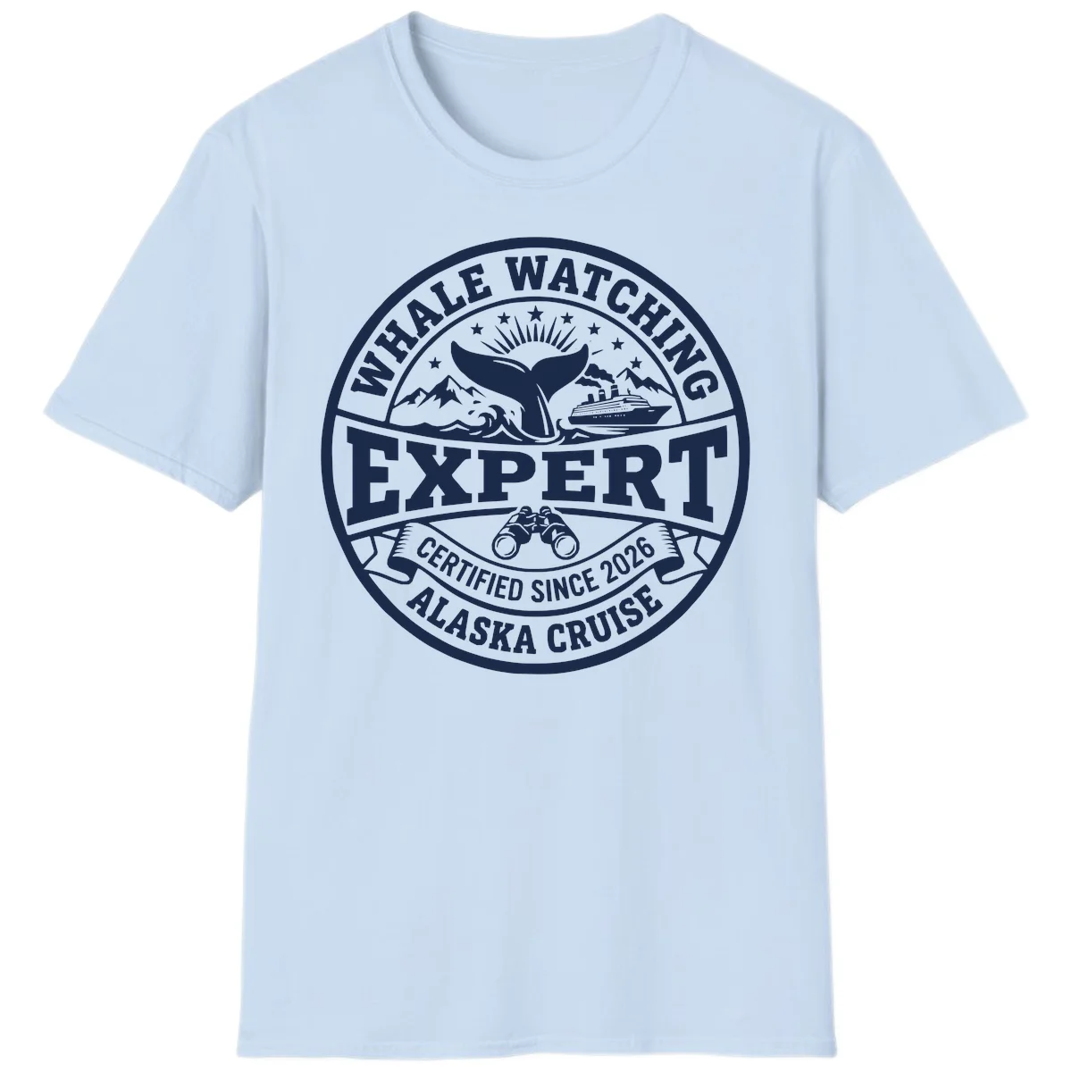 Whale Watching Expert Alaska Cruise Badge T-Shirt in Light Blue
