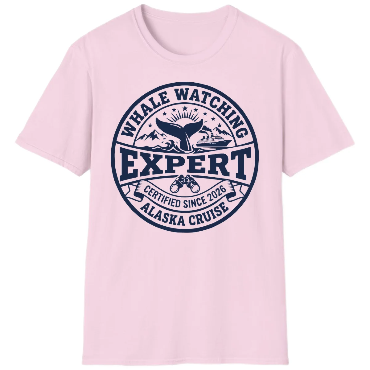 Whale Watching Expert Alaska Cruise Badge T-Shirt in Light Pink