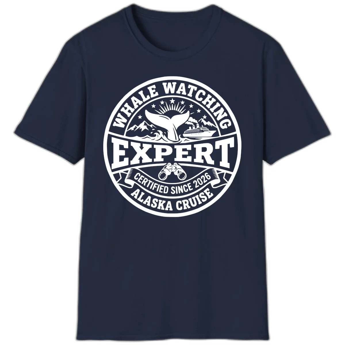 Whale Watching Expert Alaska Cruise Badge T-Shirt in Navy