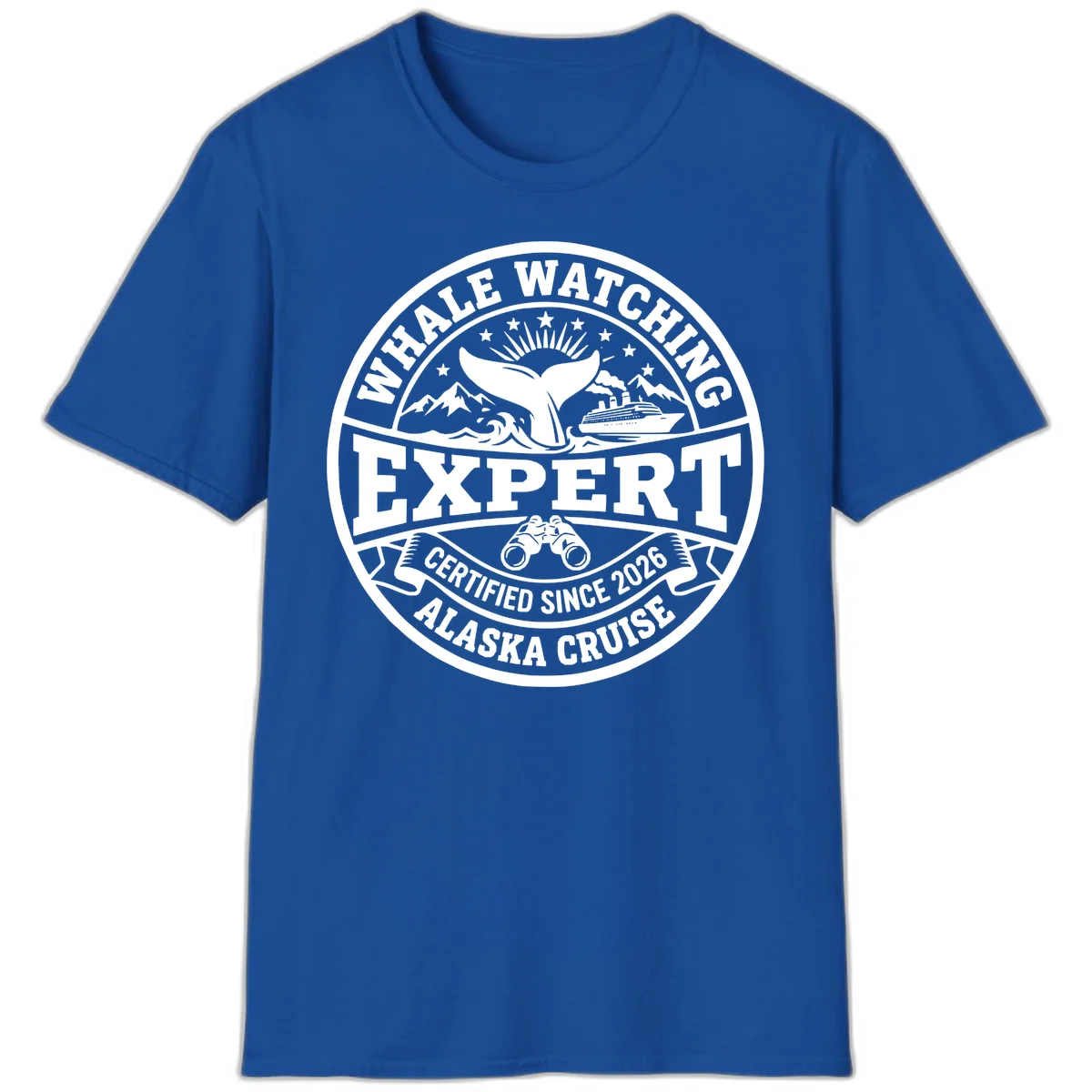Whale Watching Expert Alaska Cruise Badge T-Shirt in Royal