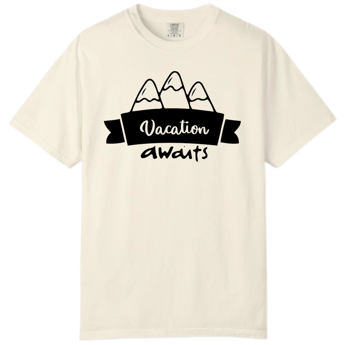 Vacation awaits mountains design featuring three snow-capped peaks with banner ribbon and elegant script text on gray background in Ivory