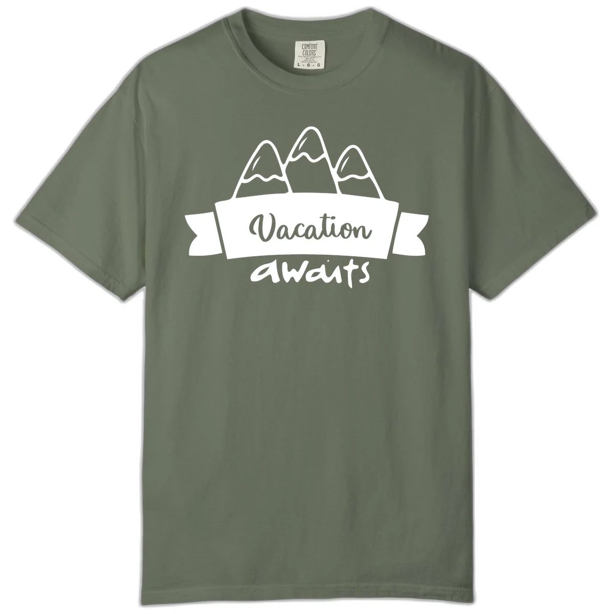 Vacation awaits mountains design featuring three snow-capped peaks with banner ribbon and elegant script text on gray background in Moss
