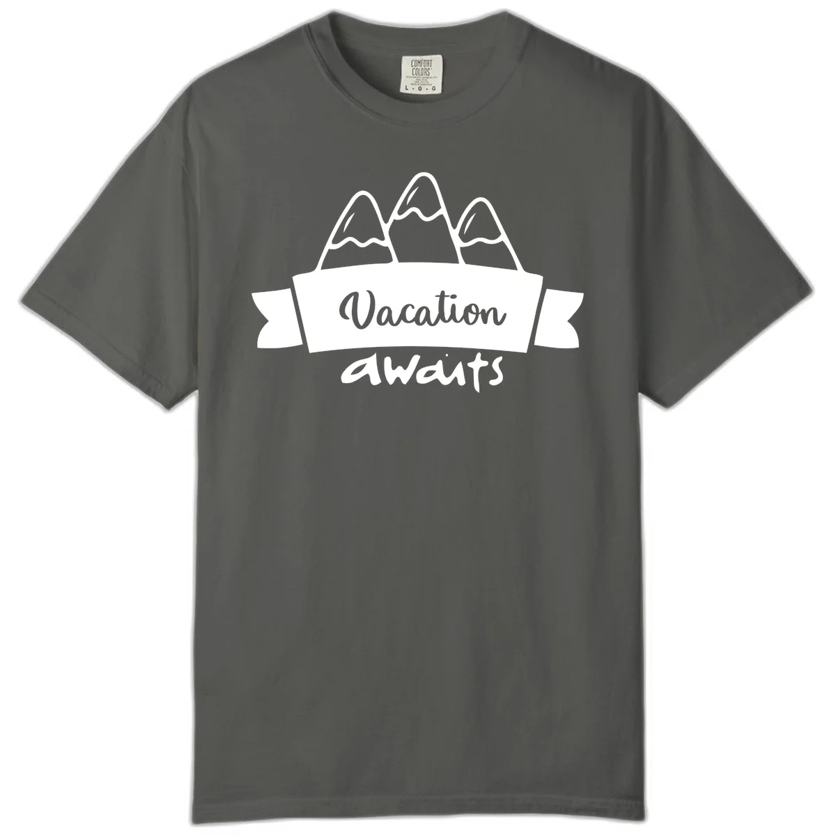 Vacation awaits mountains design featuring three snow-capped peaks with banner ribbon and elegant script text on gray background in Pepper