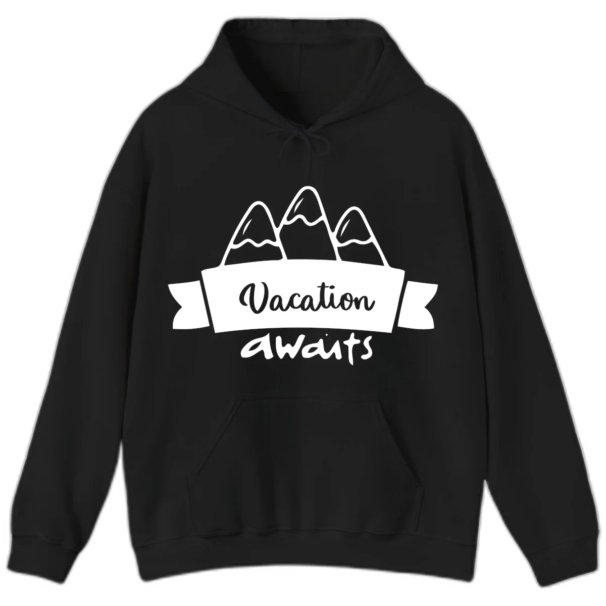 Vacation awaits mountains design featuring three snow-capped peaks with banner ribbon and elegant script text on gray background in Black