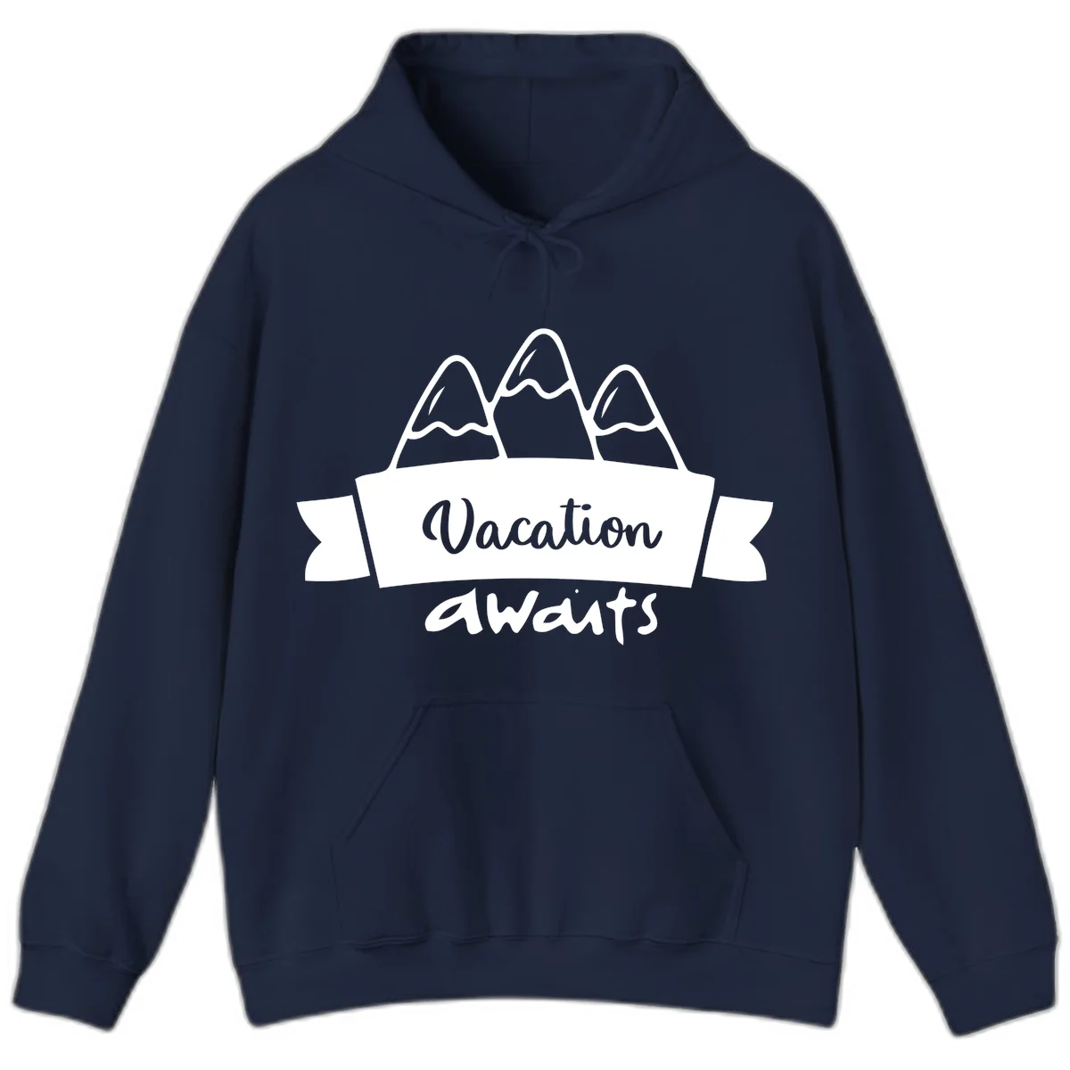 Vacation awaits mountains design featuring three snow-capped peaks with banner ribbon and elegant script text on gray background in Navy