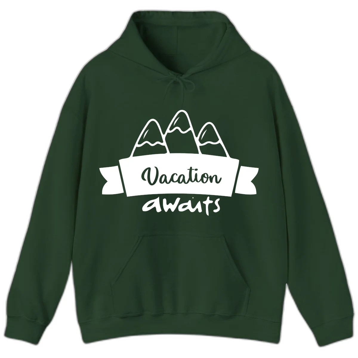 Vacation awaits mountains design featuring three snow-capped peaks with banner ribbon and elegant script text on gray background in Forest Green