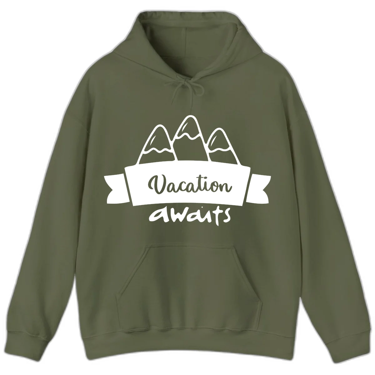 Vacation awaits mountains design featuring three snow-capped peaks with banner ribbon and elegant script text on gray background in Military Green