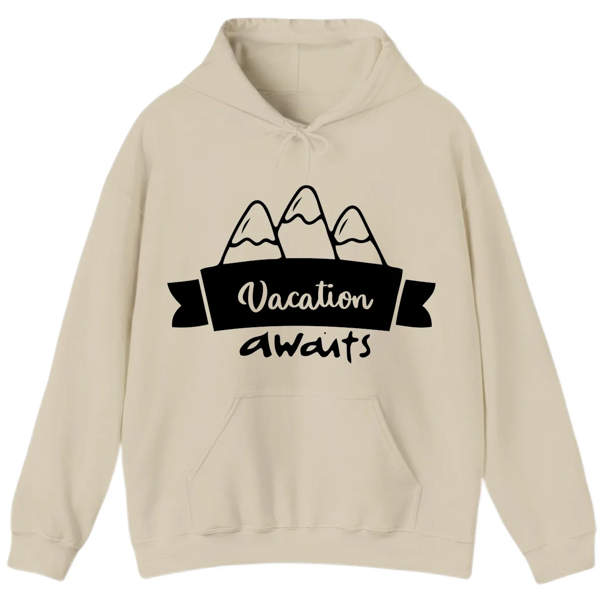 Vacation awaits mountains design featuring three snow-capped peaks with banner ribbon and elegant script text on gray background in Sand