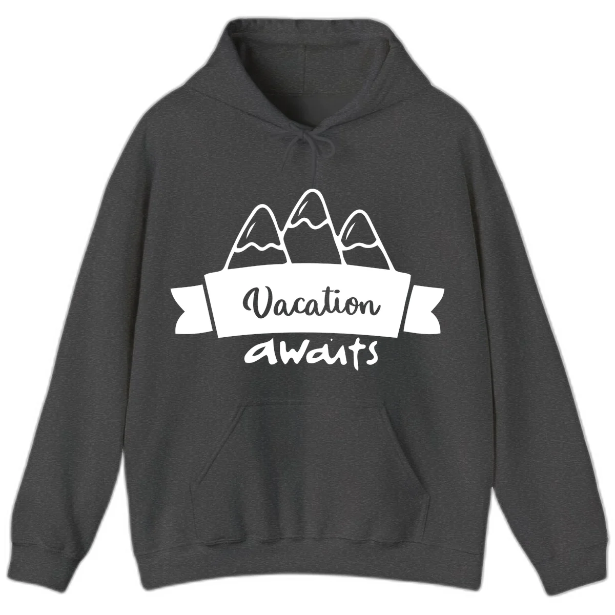Vacation awaits mountains design featuring three snow-capped peaks with banner ribbon and elegant script text on gray background in Dark Heather