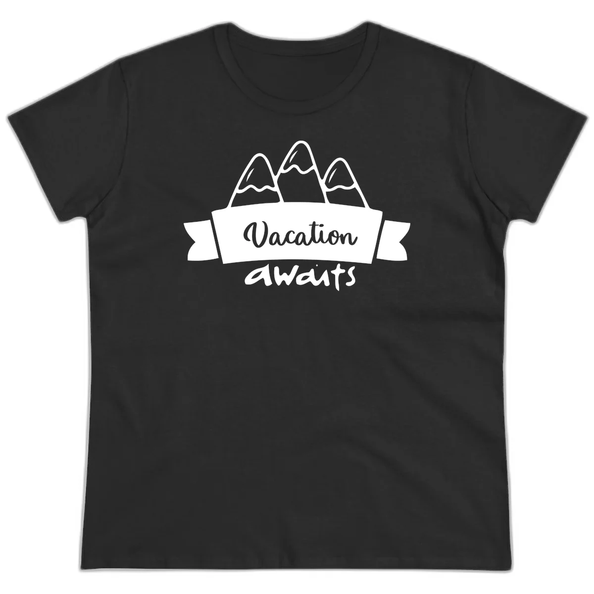 Vacation awaits mountains design featuring three snow-capped peaks with banner ribbon and elegant script text on gray background in Black