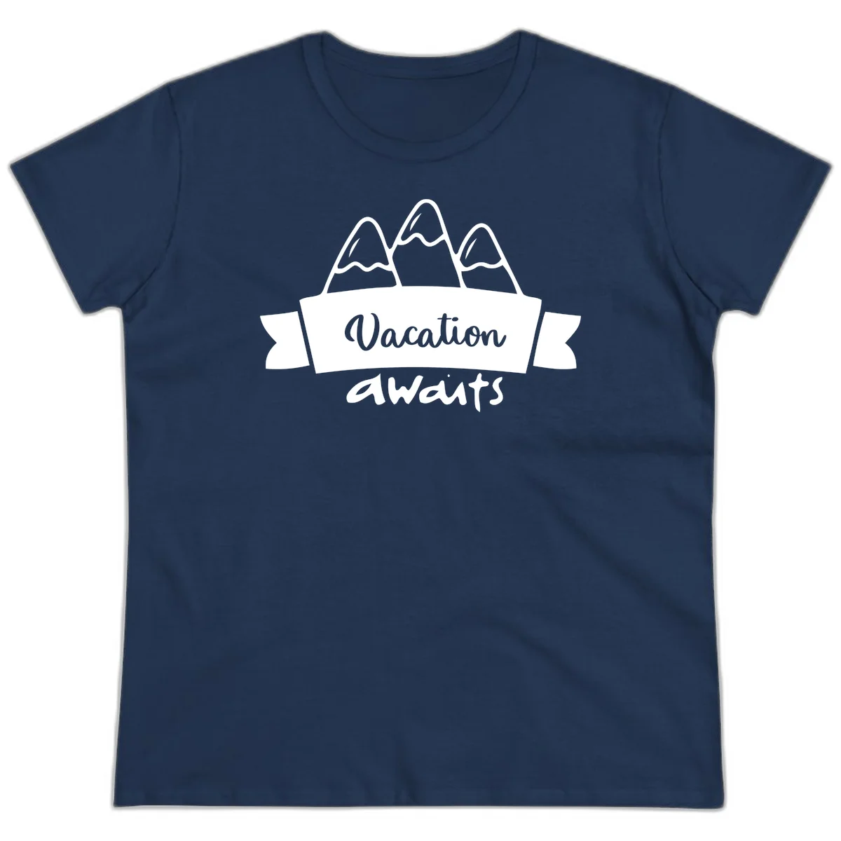 Vacation awaits mountains design featuring three snow-capped peaks with banner ribbon and elegant script text on gray background in Navy